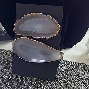 2 Black & Gray genuine Agate slices w gold trim for your home decor & kitchen